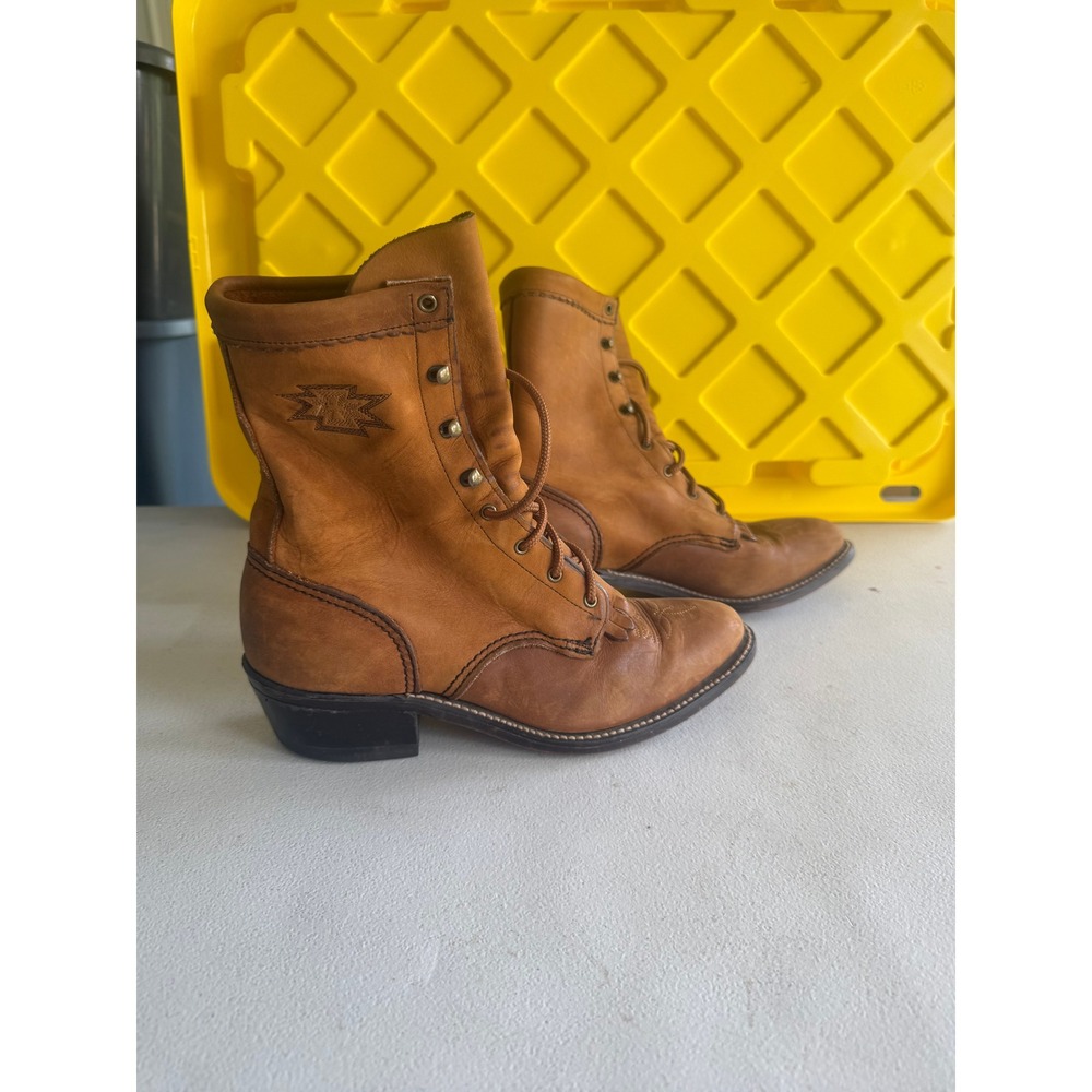 Vintage Amazonas Tan Leather Lace Up Kiltie Western Boots Made in USA 7.5 M
